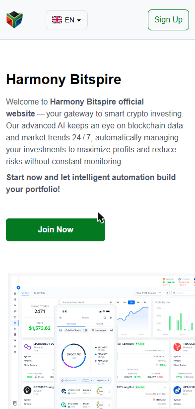 Mobile Startseite von Harmony Bitspire am 29. Oktober 2026