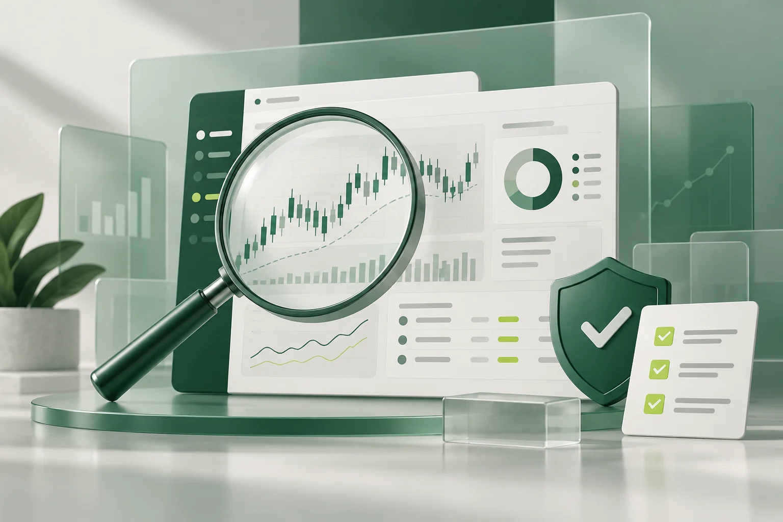 Redaktionelle Illustration einer unabhängigen Prüfung einer Trading-Plattform
